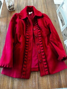 Rewind Red Ruffle Bow Peplum Pea Coat Jacket Faux Wool XS